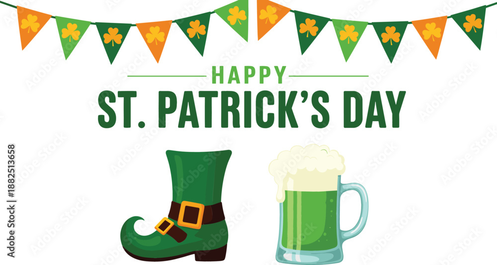 Naklejka premium Festive vector banner for Happy St. Patrick's Day featuring green and orange bunting, leprechaun boot, and beer mug.