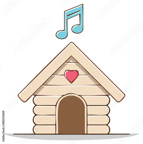 Charming cartoon doghouse with a pink heart and a blue musical note symbolizing a happy home