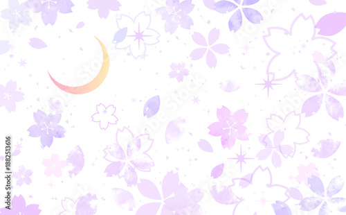 夜桜と三日月と星空の手描き風イラスト_背景なし_横