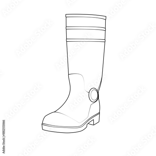 Angled view outline of a tall waterproof rubber boot. Vector line art of classic wellington footwear for rain and gardening isolated on white background. Knee-high fashion design.