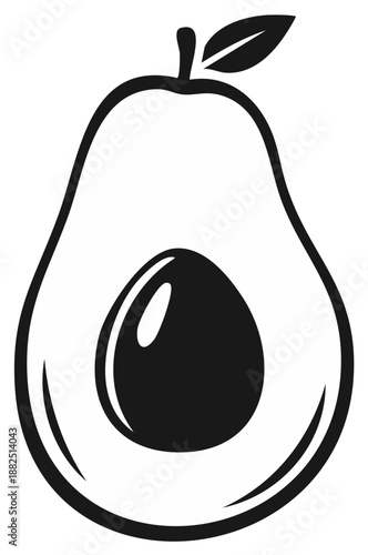 Monochrome Avocado Cut in Half with Seed Inside and Leaf at Top Simple Icon Style Fresh Food