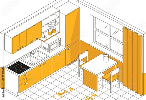 Modern isometric kitchen vector featuring bold yellow cabinetry, integrated appliances, a small dining set, and detailed interior styling.