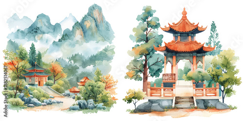 chinese lanscape watercolor vector illustration