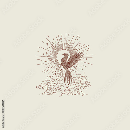 Majestic phoenix bird with long tail feathers perched on a mountain peak against a radiant sunburst and starry sky, vintage hand-drawn engraving style illustration.