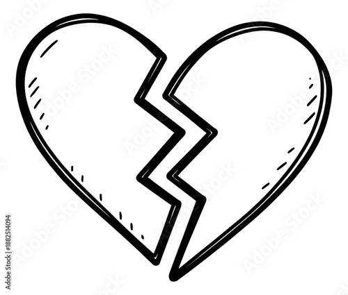 Hand drawn line art illustration of a broken heart depicting emotional pain and separation for love and relationship concepts