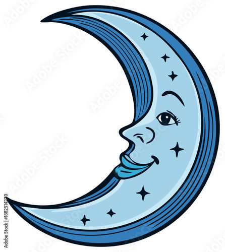 Vintage style blue crescent moon with a smiling face and stars cartoon illustration