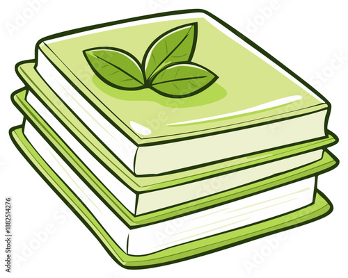 Stack of Green Books with Leaves Cartoon Style Education and Knowledge Illustration