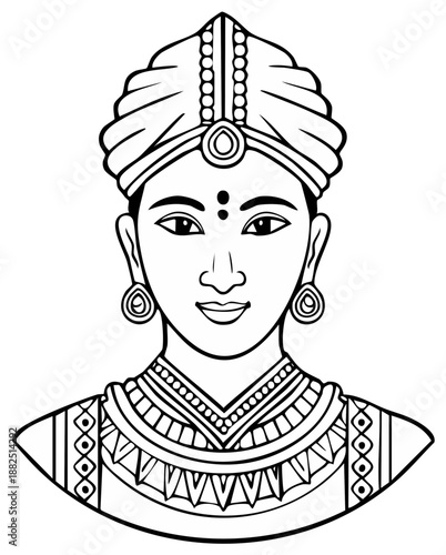 Line Art Portrait of a Man with Traditional Indian Headwear and Jewelry