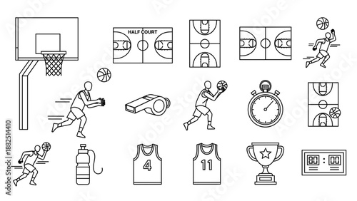 Collection of Basketball Icons and Symbols in Simple Line Art.