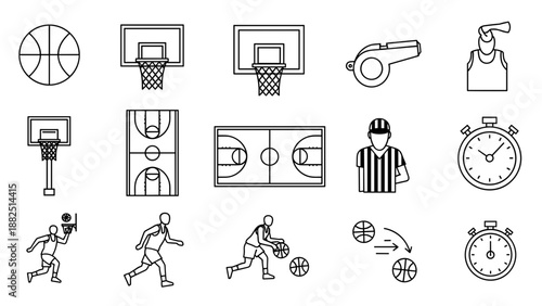 Collection of Basketball Icons and Symbols in Simple Line Art.