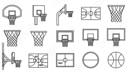 Collection of simple line drawings of basketball hoops and courts.
