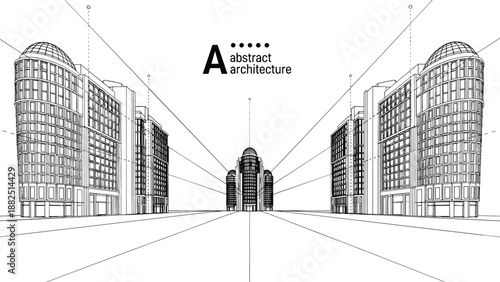 Technical architectural perspective of a symmetrical urban boulevard featuring commercial buildings with glass domes and drafting survey markers.