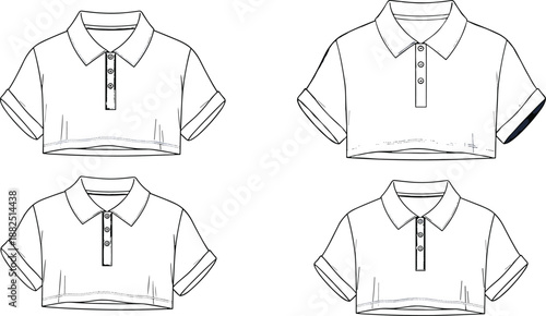 Women polo shirt technical flat sketch set, cropped short sleeve top design, fashion line art illustration isolated