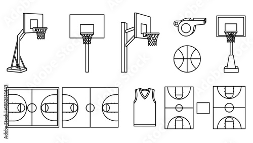 Collection of basketball related illustrations including hoops, courts, ball, and jersey.