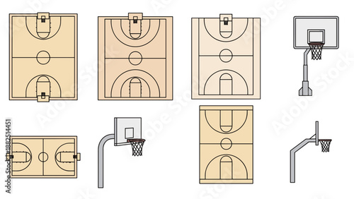 Collection of Basketball Court Layouts and Hoop Illustrations.