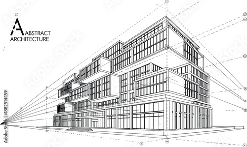 Technical architectural vector of a modern commercial office building featuring staggered modular glass volumes and detailed perspective drafting lines.