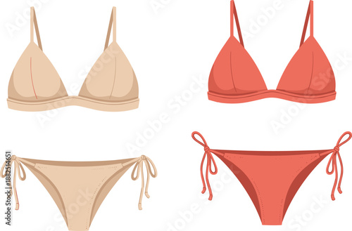 Women’s bikini swimwear illustration set featuring triangle tops and tie-side bottoms in neutral and coral colors, stylish summer beachwear vector collection