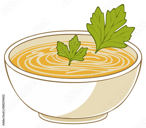 Delicious creamy soup in a white bowl with fresh parsley garnish simple vector illustration