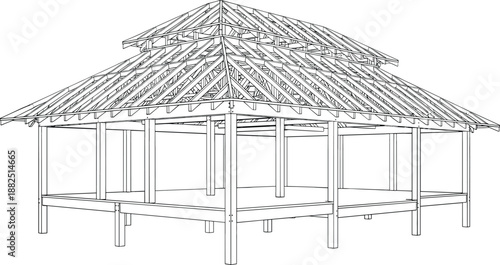 Technical architectural vector of an isometric timber-frame pavilion skeleton featuring complex hip roof trusses and support columns.