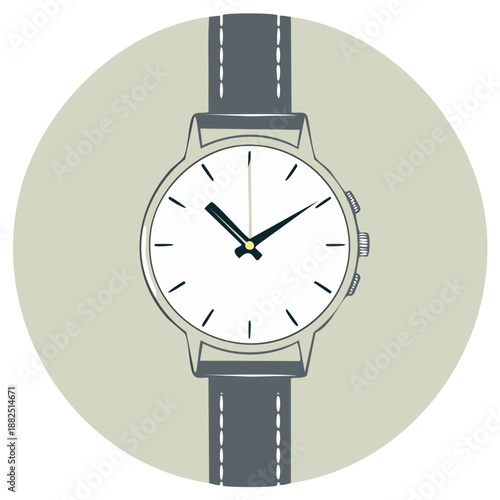 Simple illustration of a wrist watch with a dark gray strap and white face showing the time