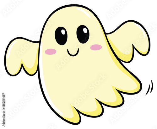 Cute cartoon ghost with large eyes and pink cheeks floating joyfully with outstretched wings
