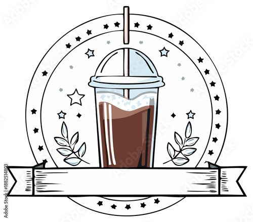 Iced Coffee or Chocolate Drink in Plastic Cup with Lid and Straw Decorative Badge Design
