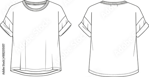 Women’s rolled sleeve t-shirt flat sketch, short sleeve fashion template, technical drawing apparel design, front and back vector illustration