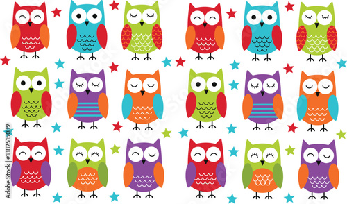 Cute colorful owl seamless pattern with stars for kids wallpaper, nursery textile print, wrapping paper and playful decorative background