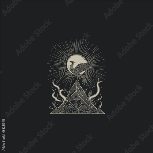Majestic phoenix bird with long tail feathers perched on a mountain peak against a radiant sunburst and starry sky, vintage hand-drawn engraving style illustration.