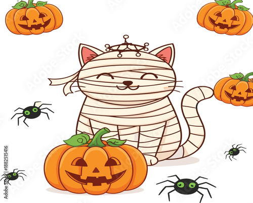 Cute Halloween mummy cat illustration with pumpkins and spiders, flat cartoon holiday character collection isolated on white background