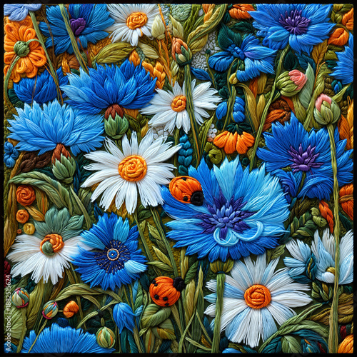 Vivid Blue Cornflowers & Ladybug in 3D Yarn Art