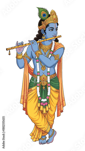Vibrant illustration depicting lord krishna playing melodic flute adorned with peacock feather crown traditional indian attire divine representation