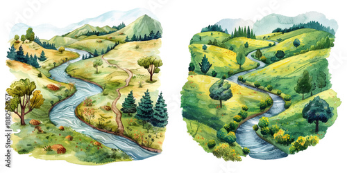 valley with winding rivers watercolor vector illustration