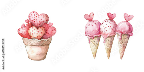 valentines ice cream watercolor vector illustration