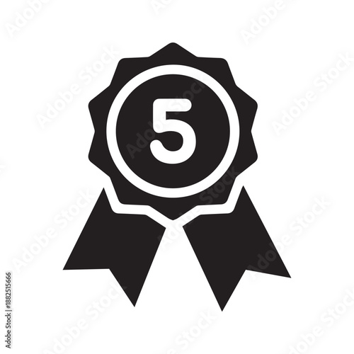 Black single filled top 5 or 5yr medal icon, simple recognition flat design vector pictogram, infographic vector for app logo web website button ui ux interface elements isolated on white background