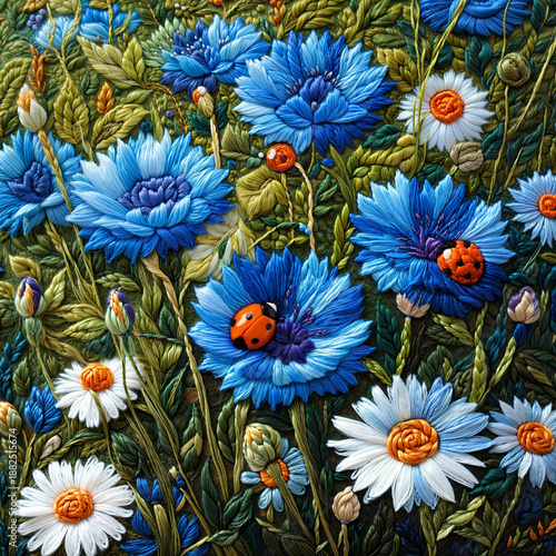 Vivid Blue Cornflowers & Ladybug in 3D Yarn Art