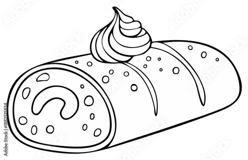 Black and white illustration of a sweet Swiss roll cake with cream swirl topping.