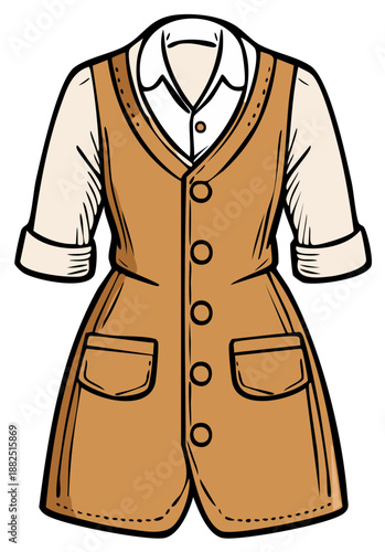 Classic brown vest and collared shirt cartoon illustration with pockets and buttons
