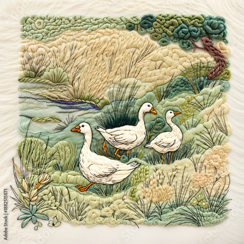 Vivid Blue Cornflowers & Ladybug in 3D Yarn Art