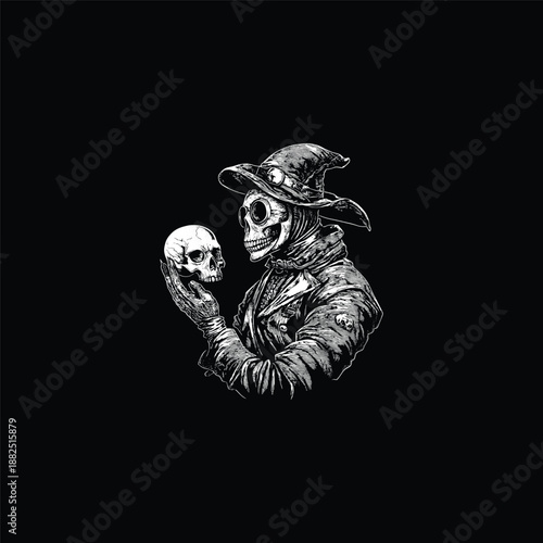 Vintage hand-drawn illustration of a skeleton doctor or plague doctor in a hat holding a human skull, classic dark monochrome engraving style.