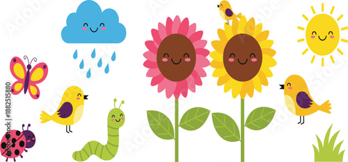 Cute spring nature cartoon clipart set with flowers, birds, sun, cloud, butterfly, worm and ladybug for kids illustration and nursery design