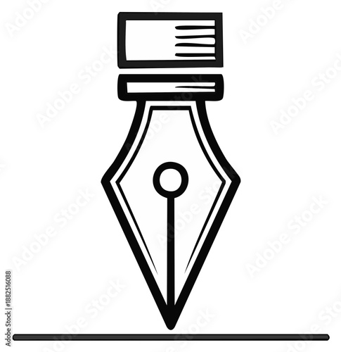 Ink pen nib drawing illustration, black and white outline, writing concept