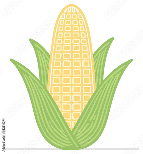 Cartoon-style illustration of an ear of corn with green leaves