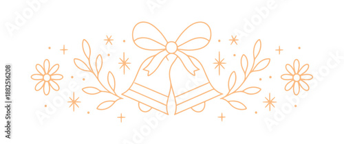 Minimalist Christmas bells line art illustration with floral branches and stars, elegant holiday ornament design for seasonal greeting cards isolated on white background.
