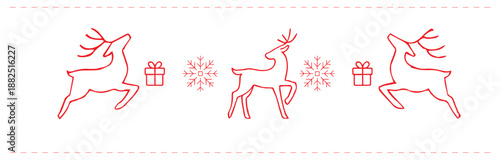 Minimalist Nordic winter pattern line art with leaping deer silhouettes, snowflakes, and gift boxes, elegant Christmas holiday ornament illustration isolated on white background.