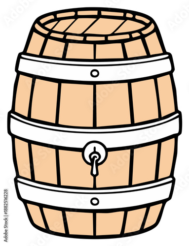 Cartoon illustration of wooden barrel with tap, isolated object, vintage storage, tan colored container and white band