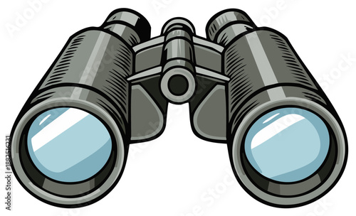 Cartoon illustration of classic gray binoculars with blue lenses an optical device for observation