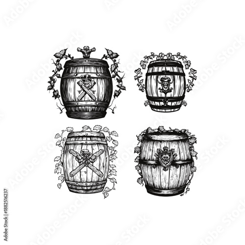 Set of four vintage wood barrels with leaf decorations and pirate symbols, classic hand-drawn engraving style monochrome illustration.