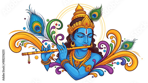 Exuberant lord krishna playing enchanting melody on flute surrounded by vibrant peacock feather decorations