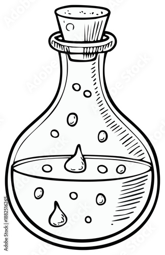 Potion bottle illustration, bubbling liquid, cork stopper, scientific doodle, outline art